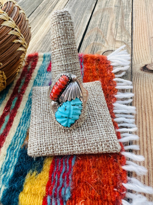 Old Pawn Handcrafted Turquoise, Coral & Sterling Silver Ring Size 12