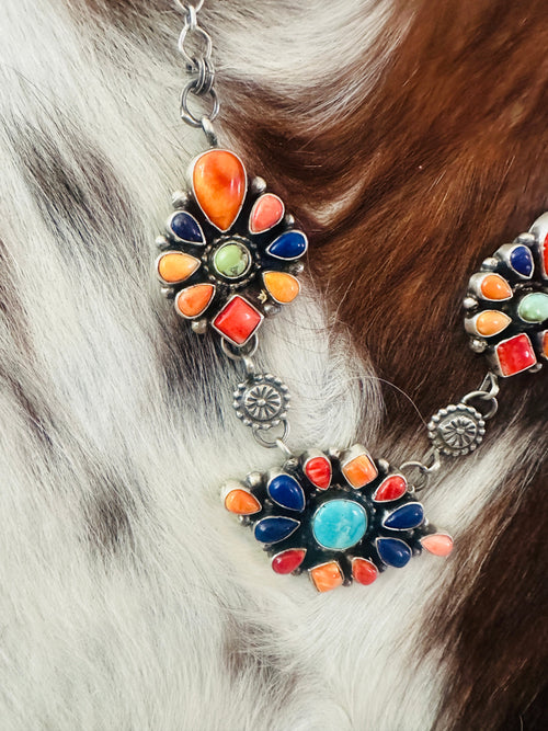 Old Pawn Handcrafted Multi Stone & Sterling Silver Cluster Necklace by Sheila Becenti