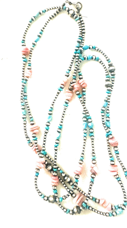 Navajo Queen Pink Conch, Turquoise & Sterling Silver Pearl Beaded Necklace 72”