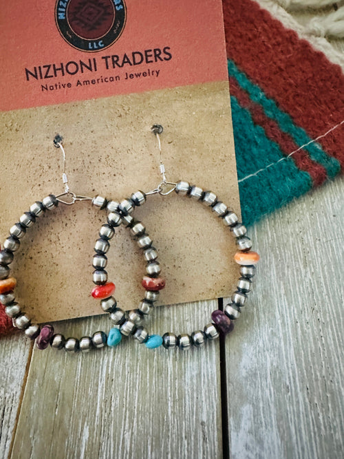 Handcrafted Spiny Oyster, Turquoise & Sterling Silver Beaded Dangle Hoop Earrings