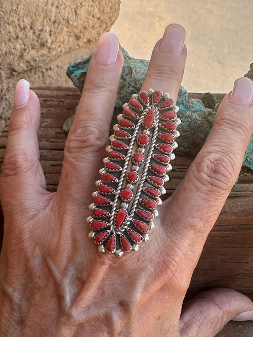 Old Pawn Coral and Sterling Silver Petit Point Ring Size 8