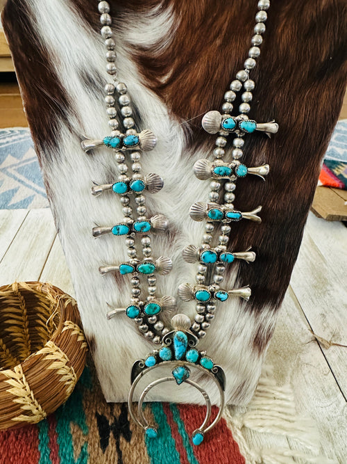 Old Pawn Handcrafted Turquoise & Sterling Silver Squash Blossom Necklace