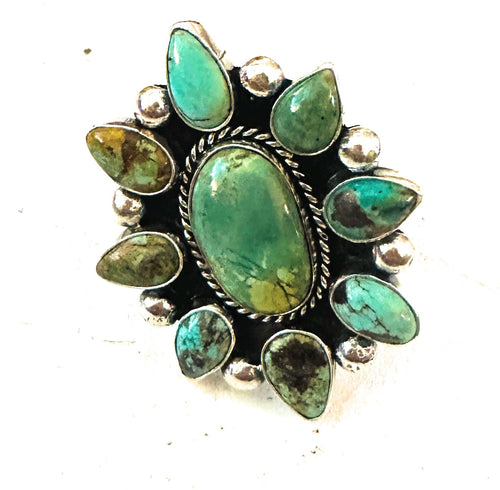 Navajo Sterling Silver & Royston Turquoise Cluster Adjustable Ring