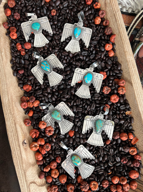 Kimari Somers Hand Stamped Sterling Silver & Kingman Turquoise Thunderbird Pendant 4