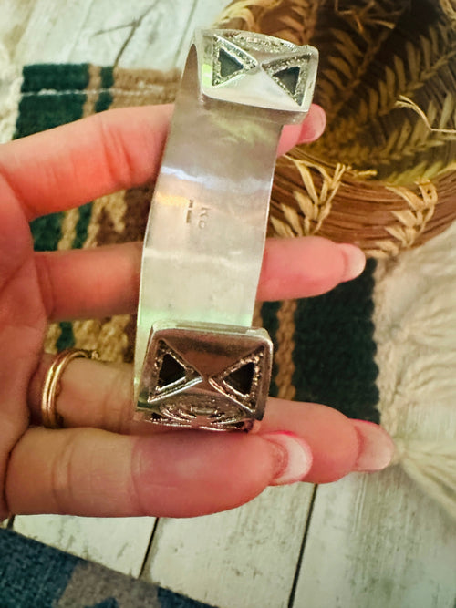 Old Pawn Navajo Turquoise, Mother of Pearl & Sterling Silver Inlay Cuff Bracelet