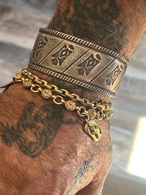 Hand Forged Old Pawn Sterling Silver Ingot Cuff Bracelet by Santa Fe Artist, Buffalo: The Birds