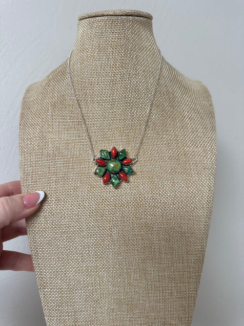 Beautiful Handmade Sterling Silver, Coral & Sonoran Turquoise Flower Cluster Necklace