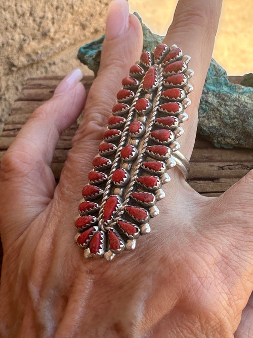 Old Pawn Coral and Sterling Silver Petit Point Ring Size 8