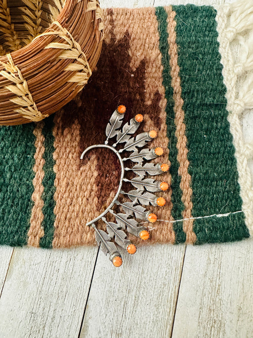 Navajo Orange Spiny & Sterling Silver Feather Cuff Earring (Left Side)