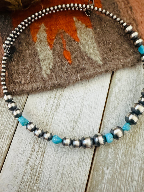 Navajo Turquoise & Sterling Silver Beaded Wrap Choker Necklace