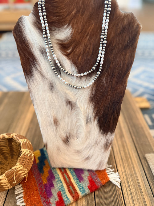 Handcrafted Mother of Pearl and Sterling Silver Pearl Beaded Necklace