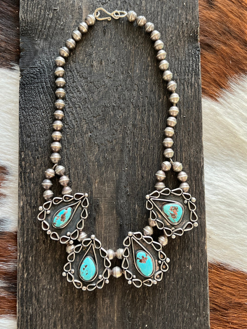 Vintage Navajo Sterling Silver and Turquoise Station Necklace
