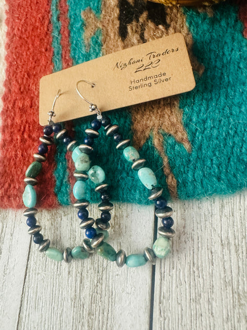 Handmade Turquoise, Lapis Sterling Silver Beaded Hoop Earrings