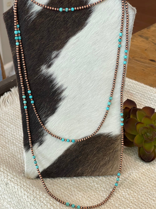Handmade Copper & Turquoise  60” Beaded Necklace