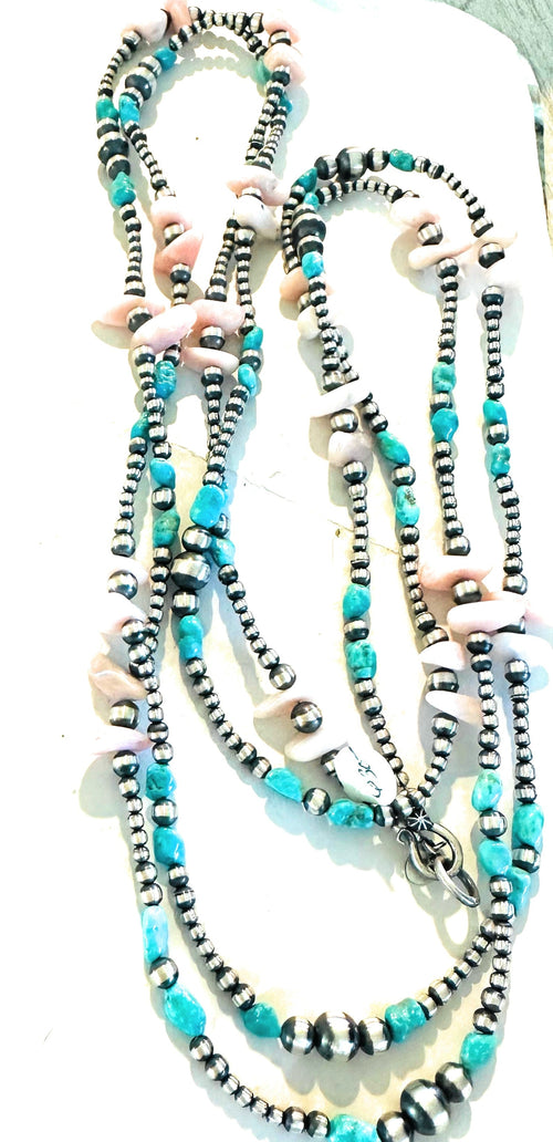 Navajo Sterling Silver Pearl, Turquoise & Queen Pink Conch Beaded Necklace 72”