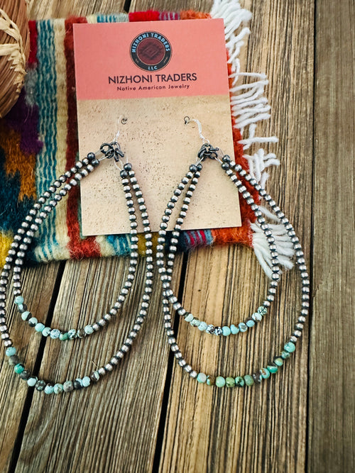 Handcrafted Turquoise & Sterling Silver Beaded Dangle Hoop Earrings
