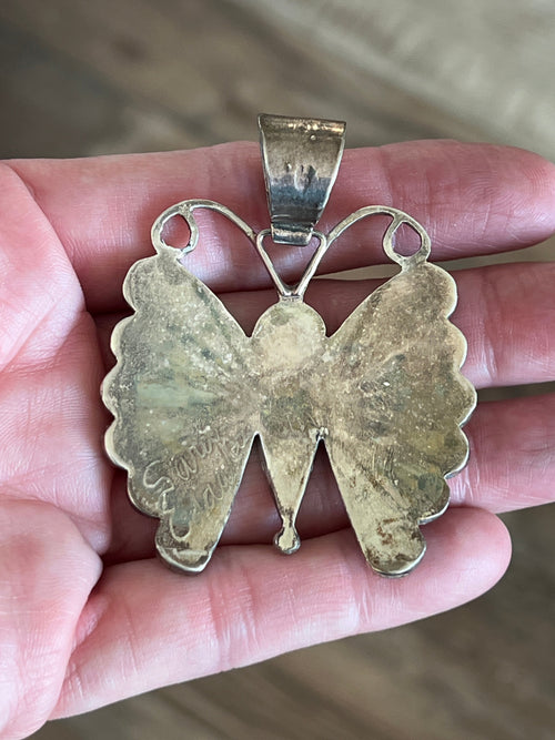 Vintage Zuni Sterling Silver, Turquoise, Spiny Oyster Shell and Jet Inlay Butterfly Pendant by Sara Edaakie