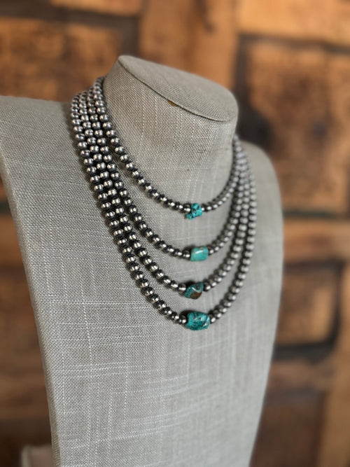Handcrafted Kingman Turquoise & Sterling Silver 6mm Beaded Necklace