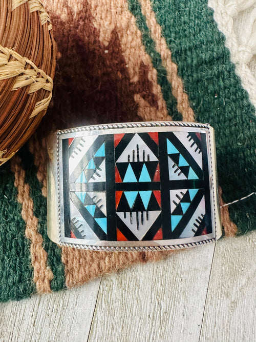 Old Pawn Zuni Multi Stone & Sterling Silver Inlay Cuff Bracelet