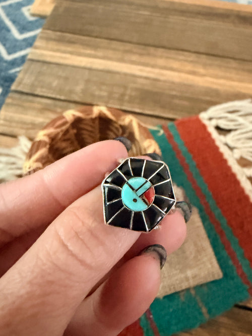 Old Pawn Handcrafted Turquoise, Onyx, Coral & Sterling Silver Inlay Sun Face Ring Size 8