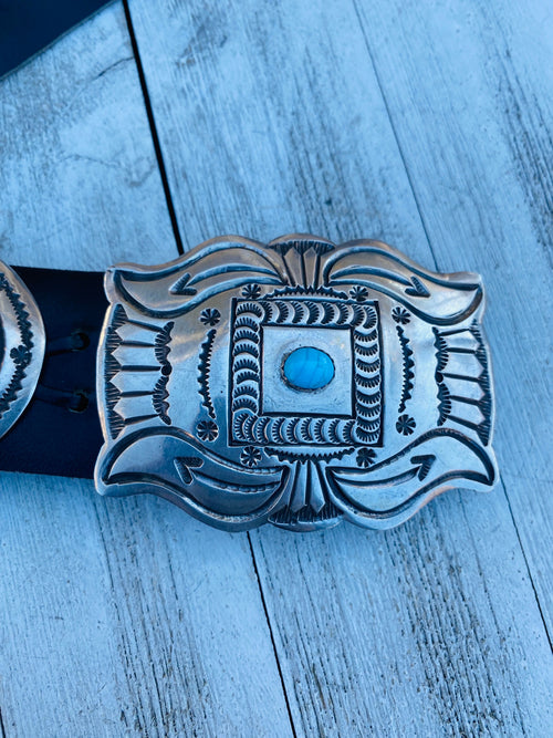 Vintage Navajo Black Leather And Sterling Silver Turquoise Concho Belt