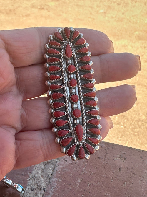 Old Pawn Coral and Sterling Silver Petit Point Ring Size 8