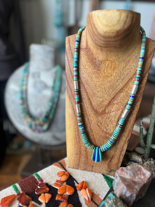 Ronald Chavez Handcrafted Sterling Silver & Multistone Heishi Beaded Santo Domingo Necklace with Tabs