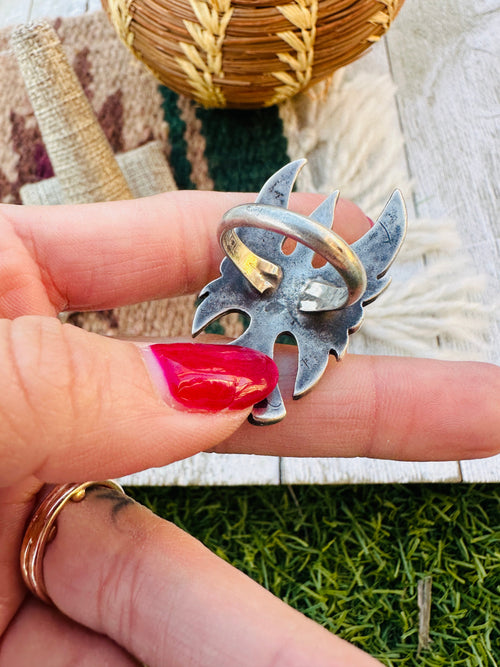 Old Pawn Handcrafted Turquoise, Coral & Sterling Silver Inlay Waterbird Ring Size 5.75