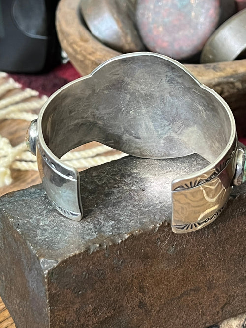 Old Pawn Navajo Sterling Silver and Royston Turquoise Overlay Bear Paw Cuff Bracelet by Charlie Bowie