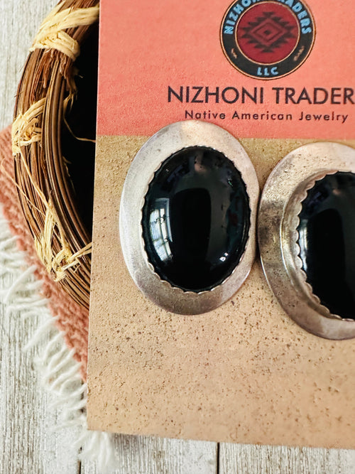 Old Pawn Navajo Sterling Silver & Black Onyx Post Earrings