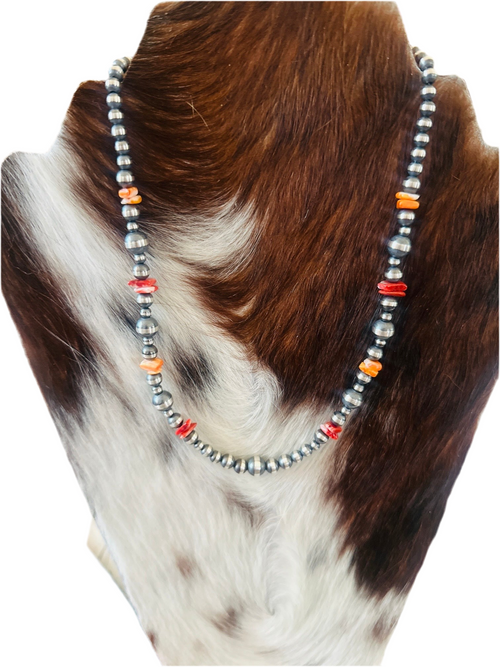 Navajo Sterling Silver & Spiny Oyster Beaded 18” Necklace