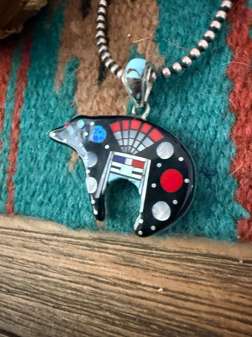 Handcrafted Old Pawn Sterling Silver and Multi Stone Inlay Bear Pendant