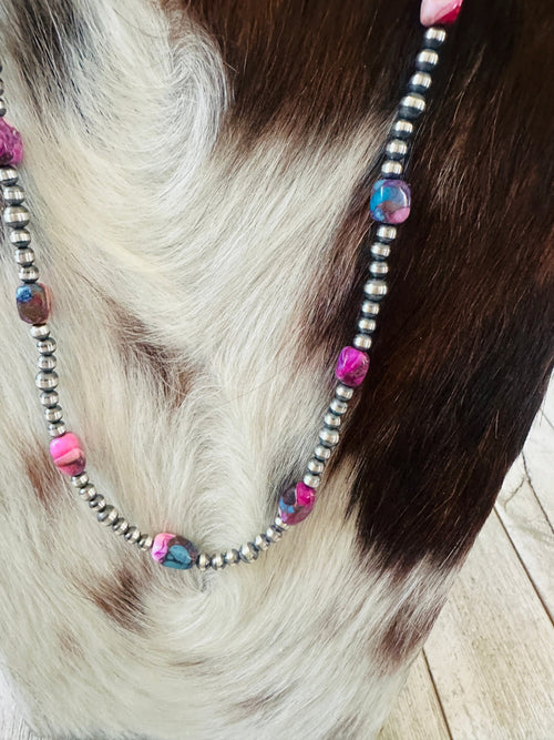 Navajo Sterling Silver & Pink Dream Mojave  Beaded 24” Necklace