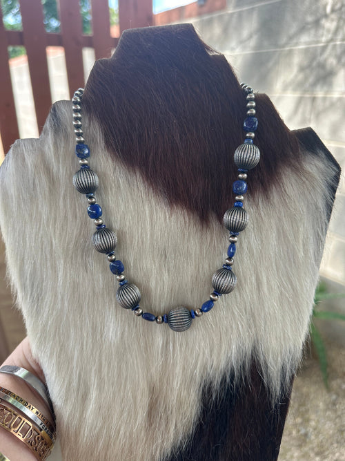 Handmade Sterling Silver & Lapis Beaded Necklace