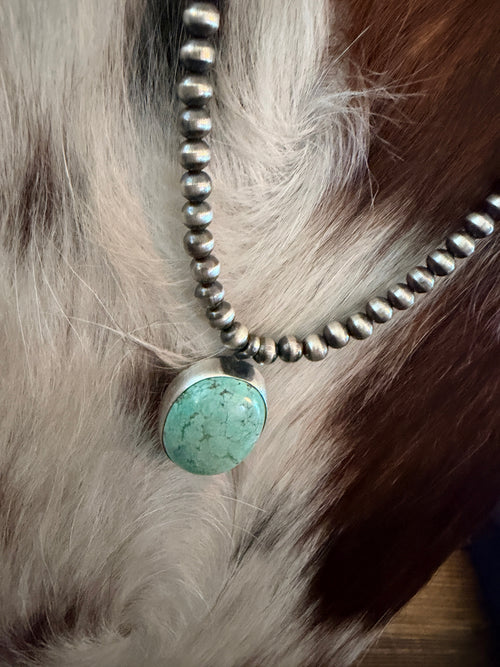 Handcrafted Turquoise & 5mm Sterling Silver Pearl 18” Beaded Necklace