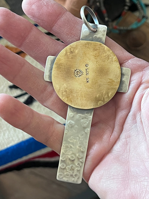 Hand Stamped Sterling Silver, Brass & Royston Turquoise Cross Pendant by Kimari Somers