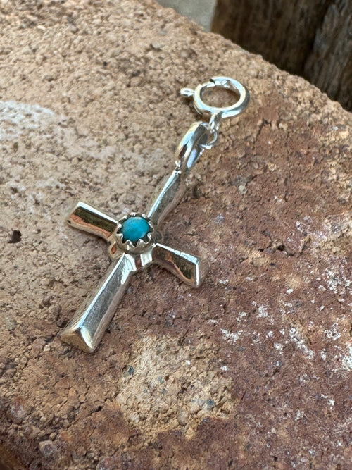 Navajo Crafted Sterling Silver and Turquoise Hand Stamped Cross Charm