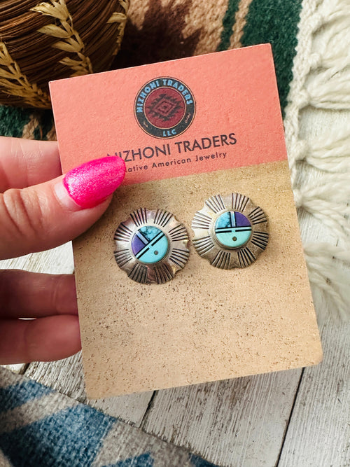Old Pawn Navajo Sterling Silver & Multi Stone Inlay Sun Face Stud Earrings by Gary Arviso