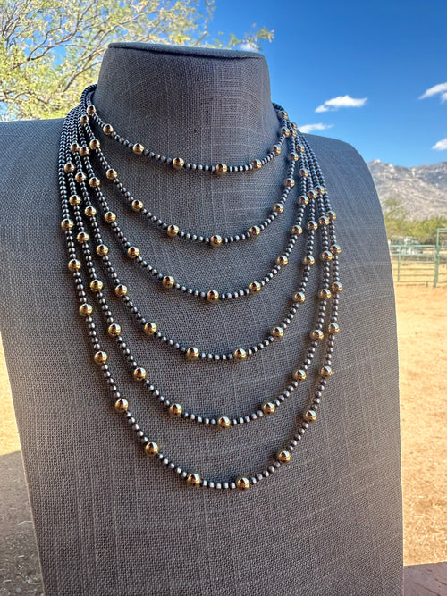 Navajo Sterling Silver & Gold Beaded Necklace 4mm - 5mm