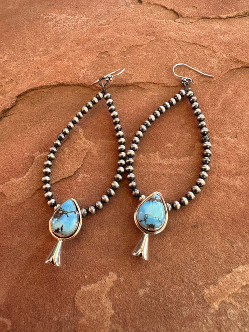 Handmade Golden Hills Turquoise And Sterling Silver Beaded Teardrop Dangle Earrings