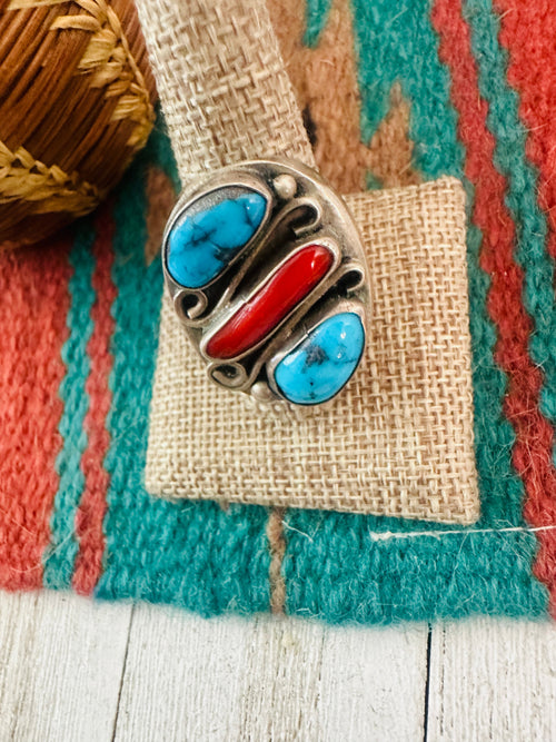 Old Pawn Navajo Sterling Silver, Turquoise & Coral Ring Size 11