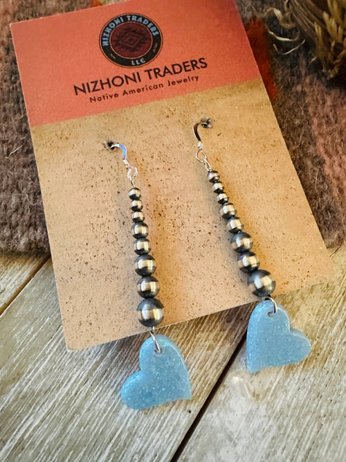 Summer Lovin’ Navajo Sterling Silver Pearl Beaded Opal Heart Dangle Earrings