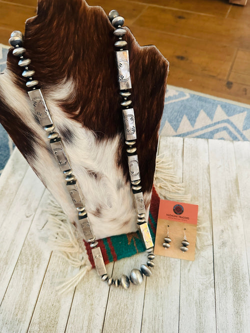 Navajo Hand Stamped Sterling Silver Beaded Necklace & Earring Set