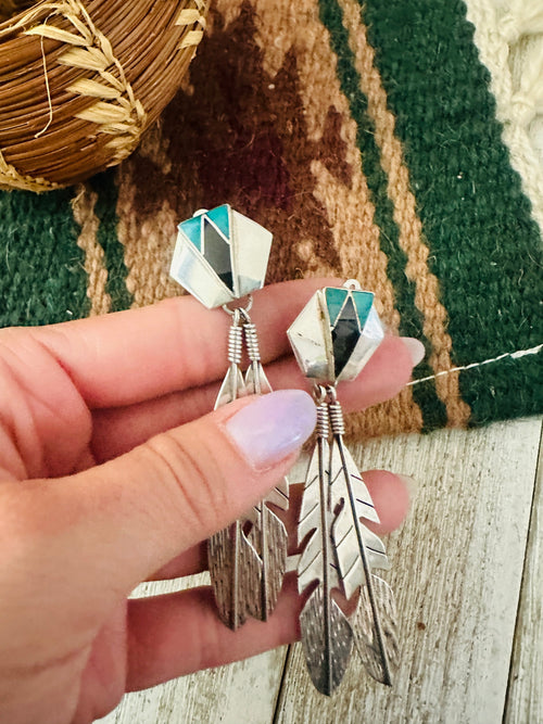 Old Pawn Navajo Sterling Silver, Turquoise & Onyx Feather Clip On Dangle Earrings
