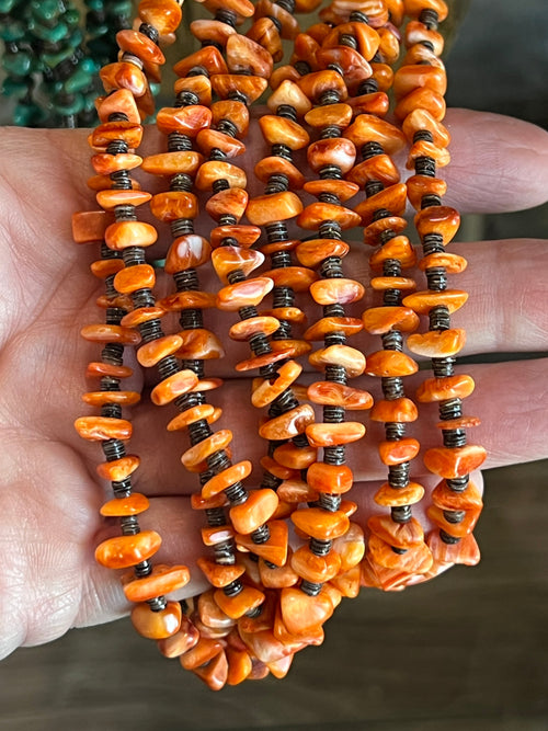 Gorgeous Santo Domingo Made Eight Strand Spiny Oyster and Turquoise Beaded Squaw Wrap Necklace by Daniel Coriz