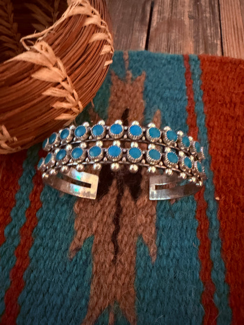 Handcrafted Old Pawn Sterling Silver & Turquoise Petit Point Cuff Bracelet