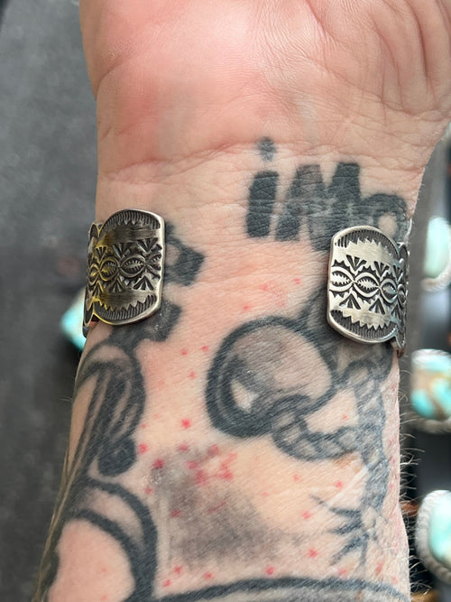 Navajo Hand Stamped Sterling Silver Split Cuff Bracelet with Spiny Oyster Shell by Murphy Platero