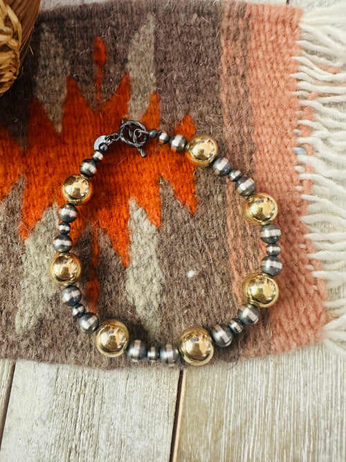 Navajo Gold Filled Sterling & Sterling Silver Pearl Beaded Bracelet
