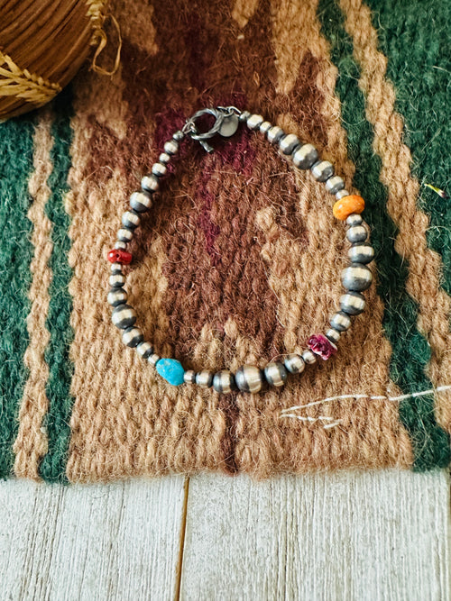 Navajo Sterling Silver Pearl, Spiny & Turquoise Beaded Bracelet