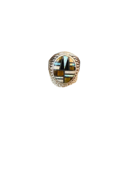 Old Pawn Navajo Sterling Silver & Multi Stone Inlay Ring Size 11.5